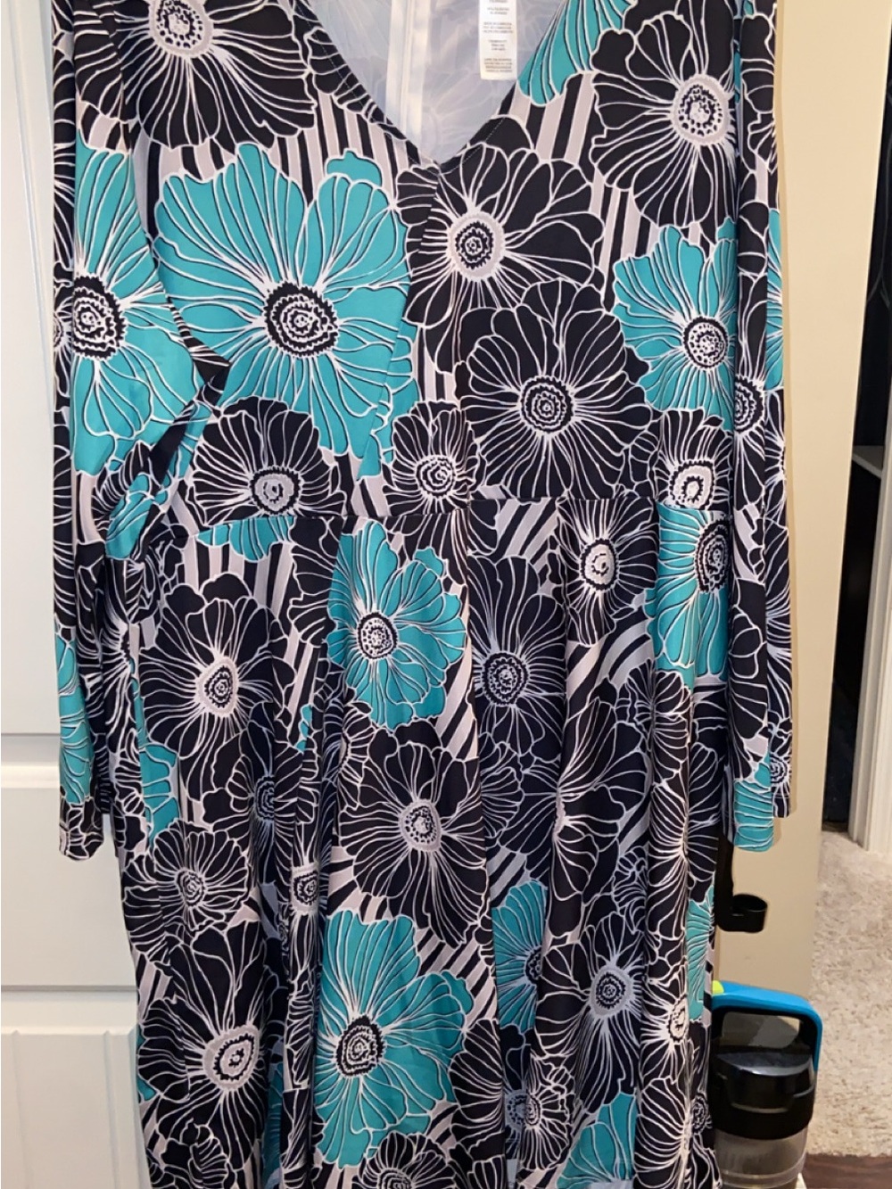 Women's Teal and Black Floral V-Neck Dress